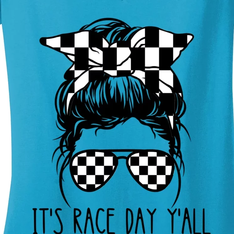 It's Race Day Y'all Checkered Flag Messy Bun Racing Lovers Great Gift Women's V-Neck T-Shirt