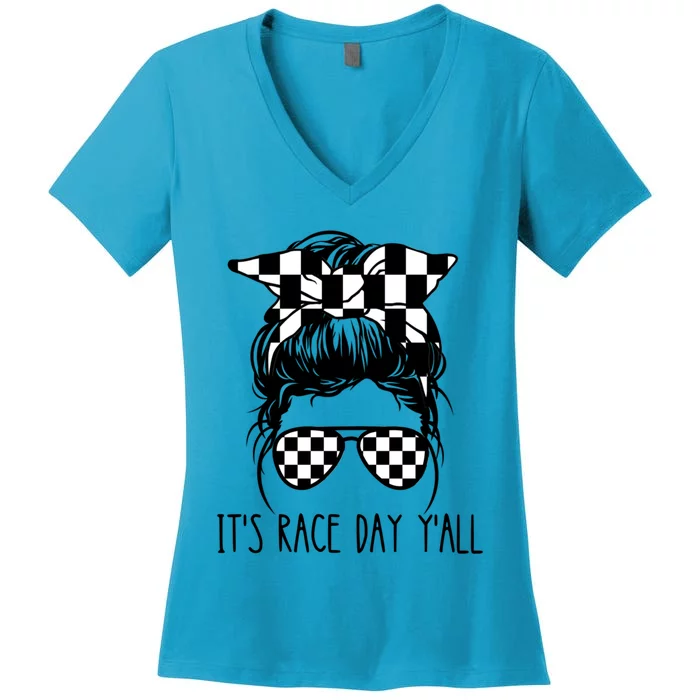 It's Race Day Y'all Checkered Flag Messy Bun Racing Lovers Great Gift Women's V-Neck T-Shirt