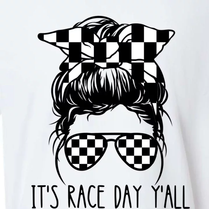 It's Race Day Y'all Checkered Flag Messy Bun Racing Lovers Great Gift Sueded Cloud Jersey T-Shirt