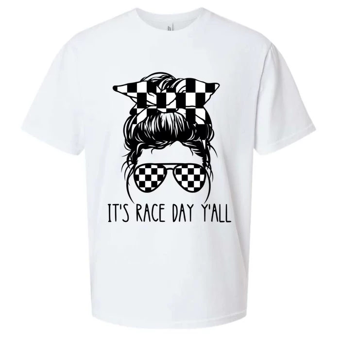 It's Race Day Y'all Checkered Flag Messy Bun Racing Lovers Great Gift Sueded Cloud Jersey T-Shirt