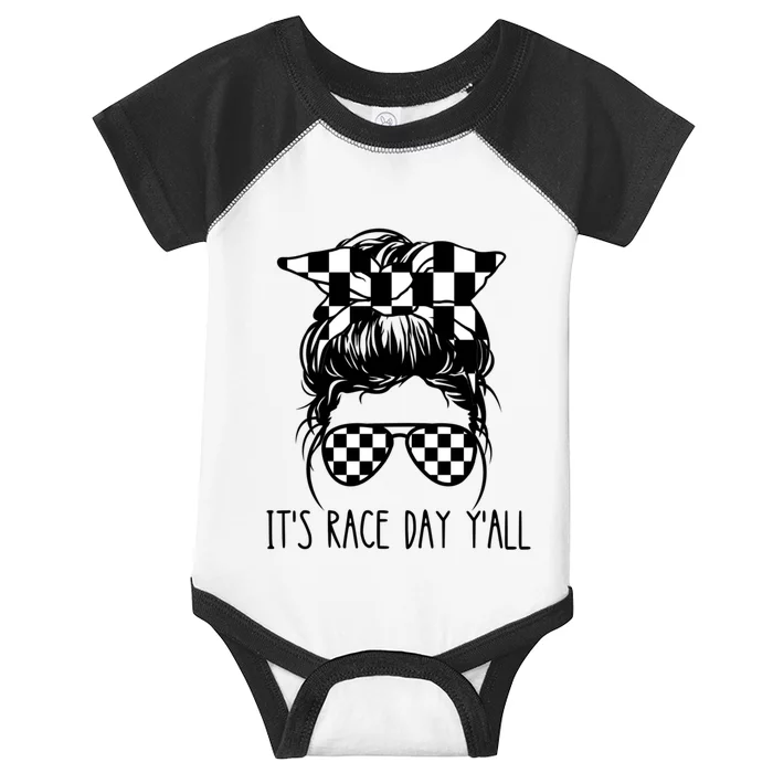 It's Race Day Y'all Checkered Flag Messy Bun Racing Lovers Great Gift Infant Baby Jersey Bodysuit