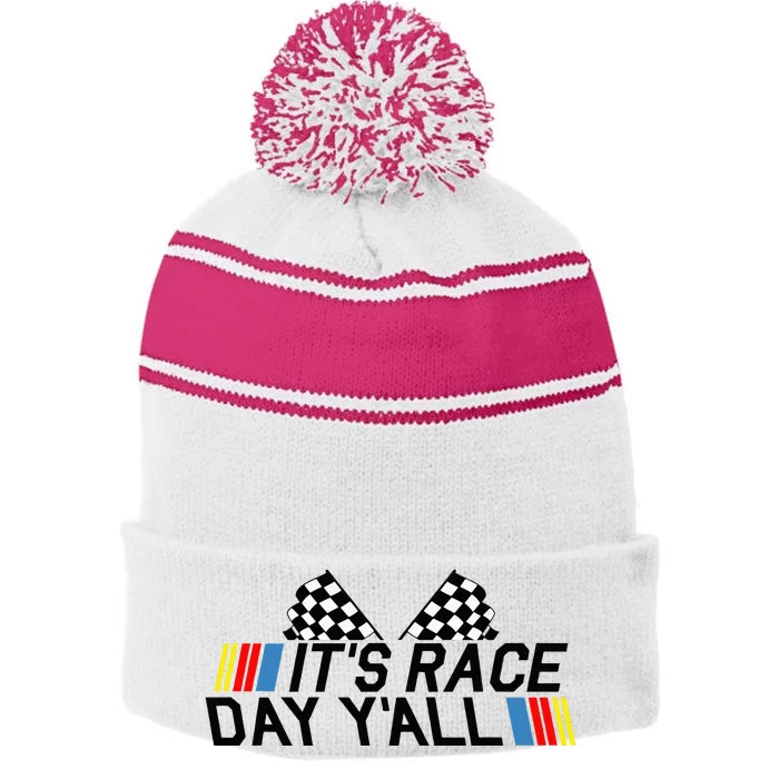 Its Race Day Yall Funny Racing Drag Car Truck Track Womens Stripe Pom Pom Beanie