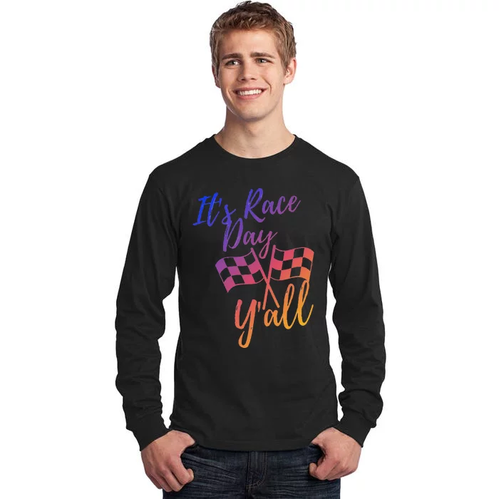 Its Race Day Yall Checkered Flag American Flag Race Tall Long Sleeve T-Shirt