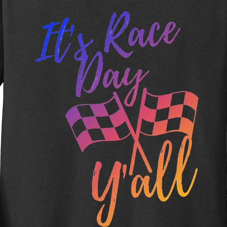 Its Race Day Yall Checkered Flag American Flag Race Kids Long Sleeve Shirt