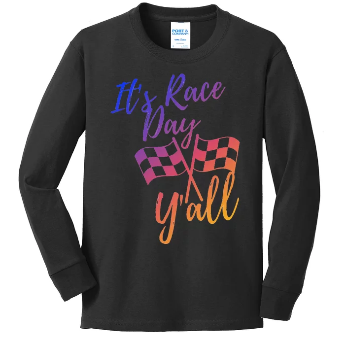 Its Race Day Yall Checkered Flag American Flag Race Kids Long Sleeve Shirt