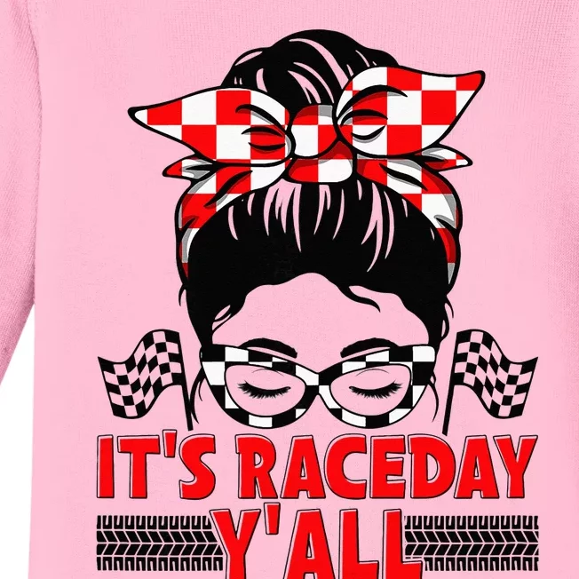 Its Race Day Yall Checkered Flag Racing Messy Bun Women Baby Long Sleeve Bodysuit