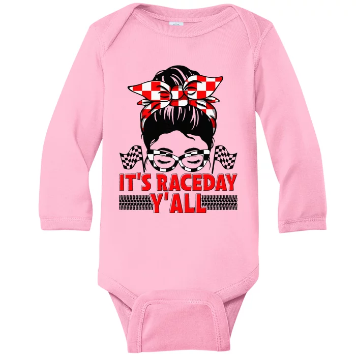 Its Race Day Yall Checkered Flag Racing Messy Bun Women Baby Long Sleeve Bodysuit