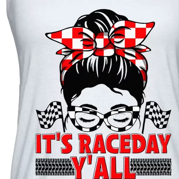 Its Race Day Yall Checkered Flag Racing Messy Bun Women Ladies Essential Flowy Tank