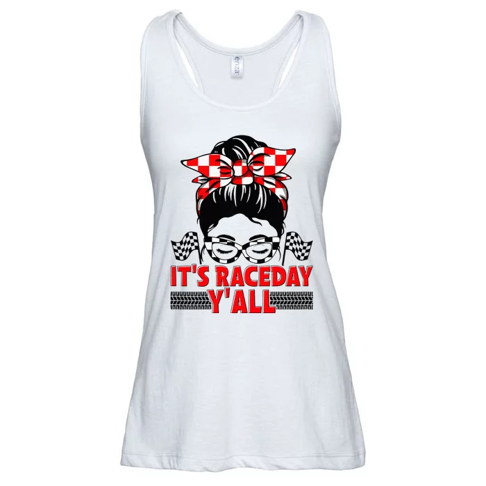 Its Race Day Yall Checkered Flag Racing Messy Bun Women Ladies Essential Flowy Tank