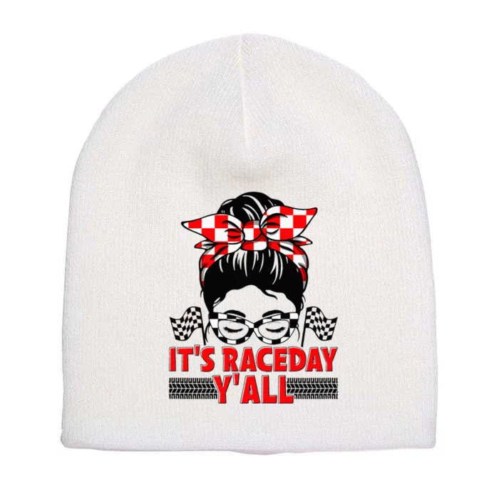 Its Race Day Yall Checkered Flag Racing Messy Bun Women Short Acrylic Beanie