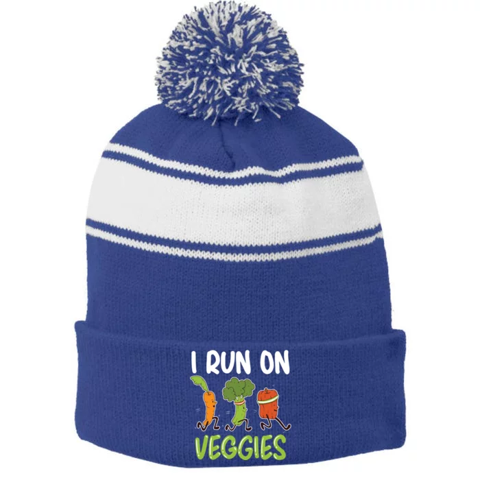 I Run For Veggies Powered By Plants Funny Vegetarian Cute Gift Stripe Pom Pom Beanie