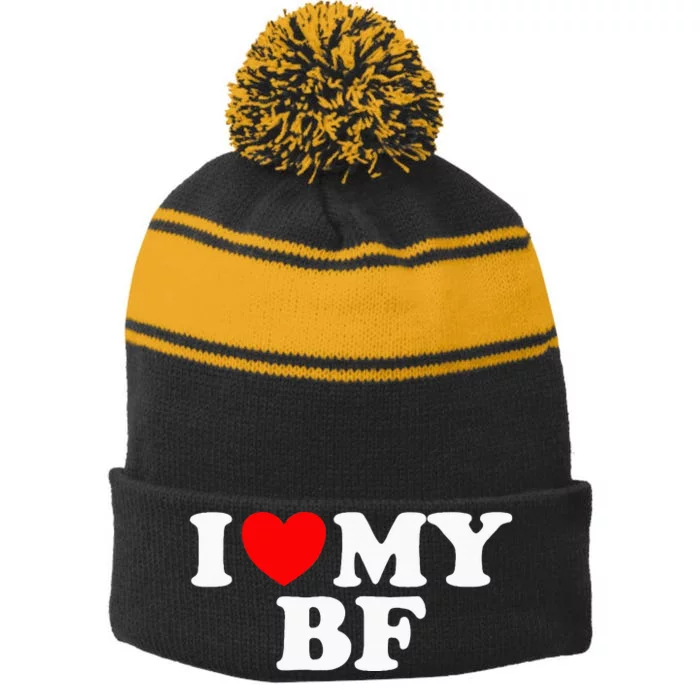 I Red Heart My Boyfriend Bf I Love My Boyfriend Stripe Pom Pom Beanie