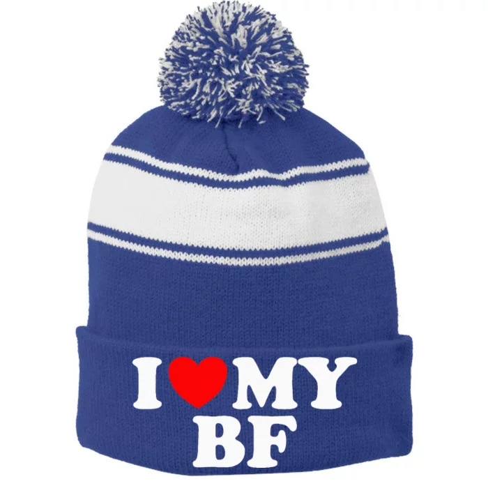 I Red Heart My Boyfriend Bf I Love My Boyfriend Stripe Pom Pom Beanie