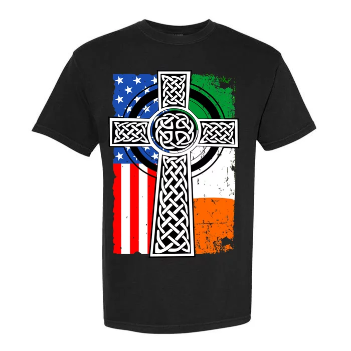 Irish American USA Flag Celtic Cross St Patrick's Day Garment-Dyed Heavyweight T-Shirt