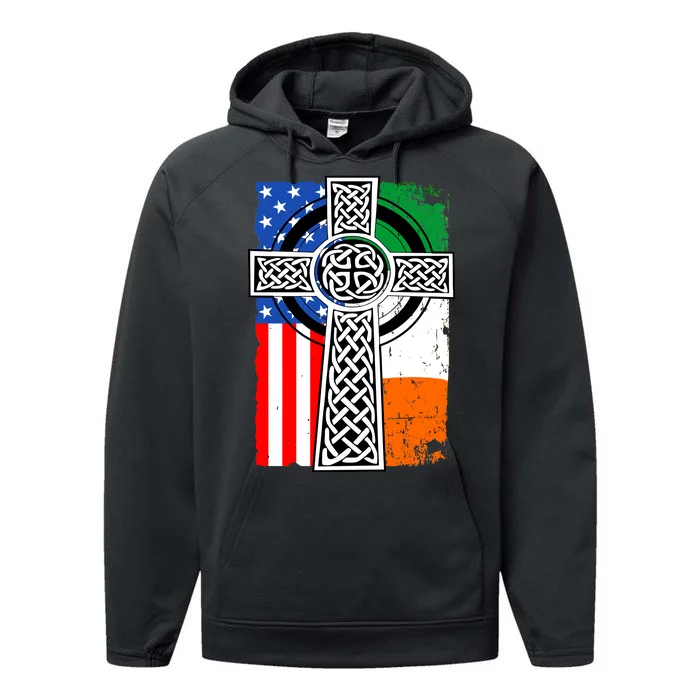 Irish American USA Flag Celtic Cross St Patrick's Day Performance Fleece Hoodie