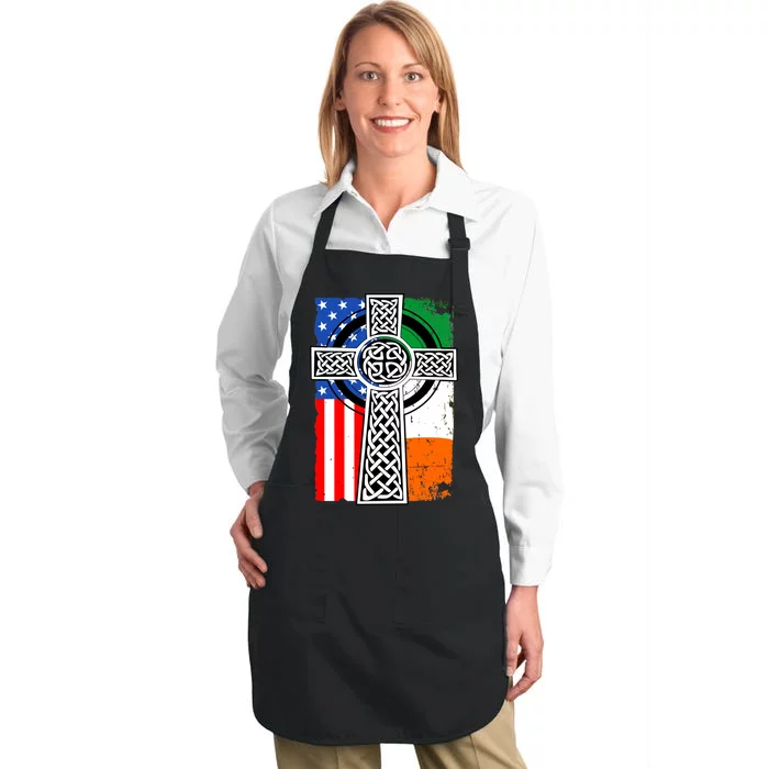 Irish American USA Flag Celtic Cross St Patrick's Day Full-Length Apron With Pocket