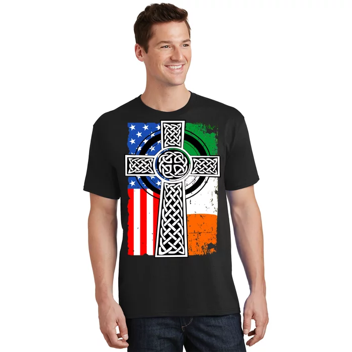 Irish American USA Flag Celtic Cross St Patrick's Day T-Shirt