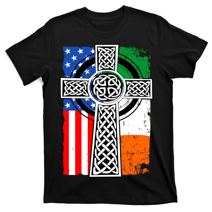 Irish American USA Flag Celtic Cross St Patrick's Day T-Shirt