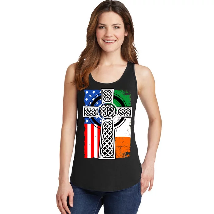 Irish American USA Flag Celtic Cross St Patrick's Day Ladies Essential Tank