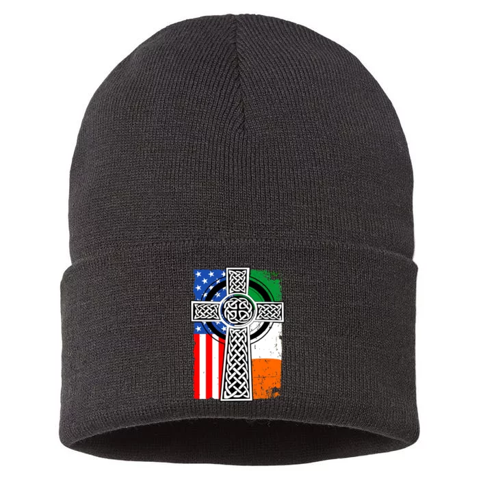 Irish American USA Flag Celtic Cross St Patrick's Day Sustainable Knit Beanie