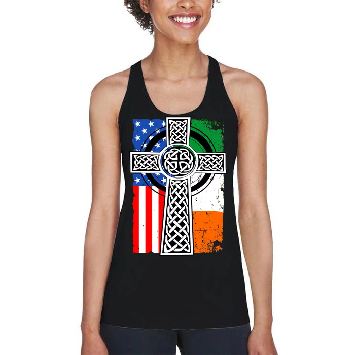 Irish American USA Flag Celtic Cross St Patrick's Day Women's Racerback Tank