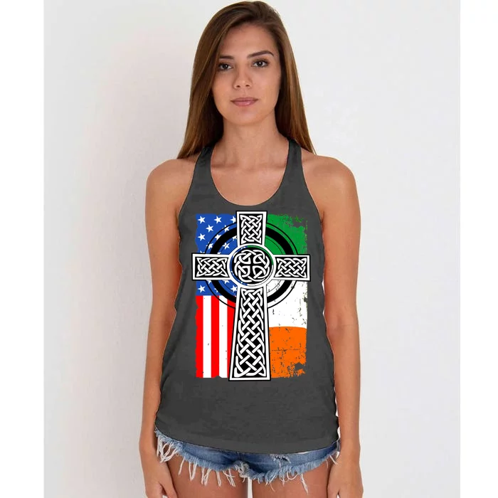 Irish American USA Flag Celtic Cross St Patrick's Day Women's Knotted Racerback Tank