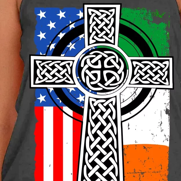 Irish American USA Flag Celtic Cross St Patrick's Day Women's Knotted Racerback Tank