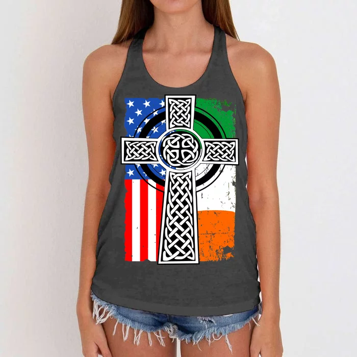 Irish American USA Flag Celtic Cross St Patrick's Day Women's Knotted Racerback Tank