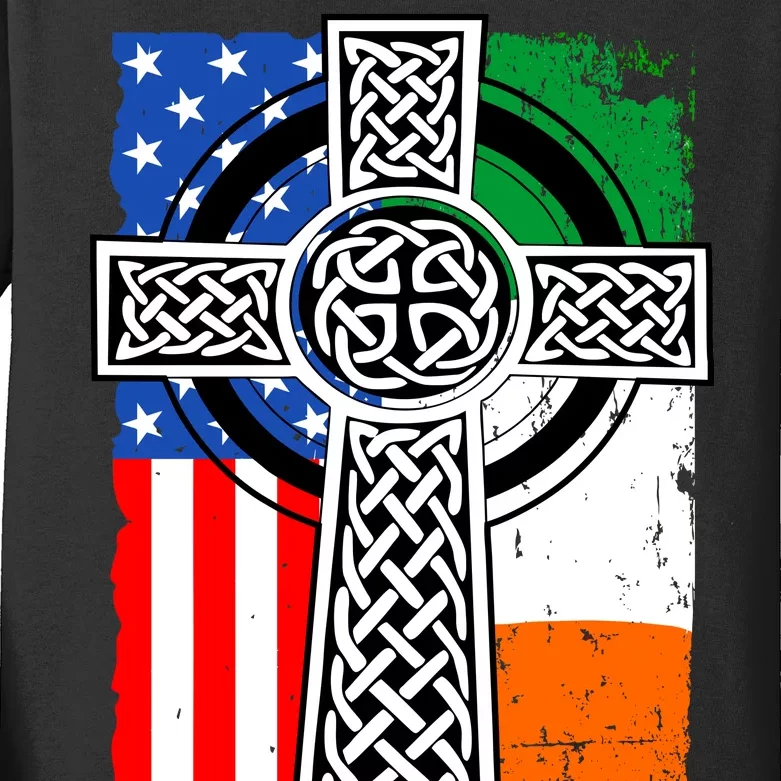 Irish American USA Flag Celtic Cross St Patrick's Day Kids Long Sleeve Shirt