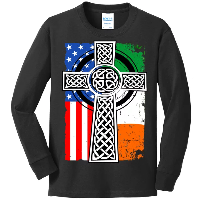 Irish American USA Flag Celtic Cross St Patrick's Day Kids Long Sleeve Shirt