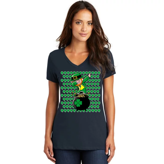 Irish Dabbing Leprechaun Shamrocks Funny Dab St. Patrick's Day Women's V-Neck T-Shirt