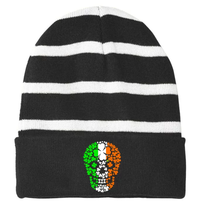 Irish Skull Ireland Clover Striped Beanie with Solid Band