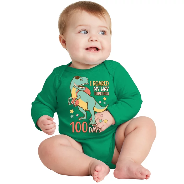 I Roared My Way Through 100 Days Dinosaur Baby Long Sleeve Bodysuit