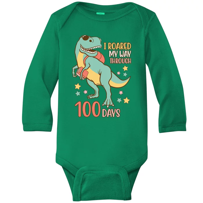 I Roared My Way Through 100 Days Dinosaur Baby Long Sleeve Bodysuit