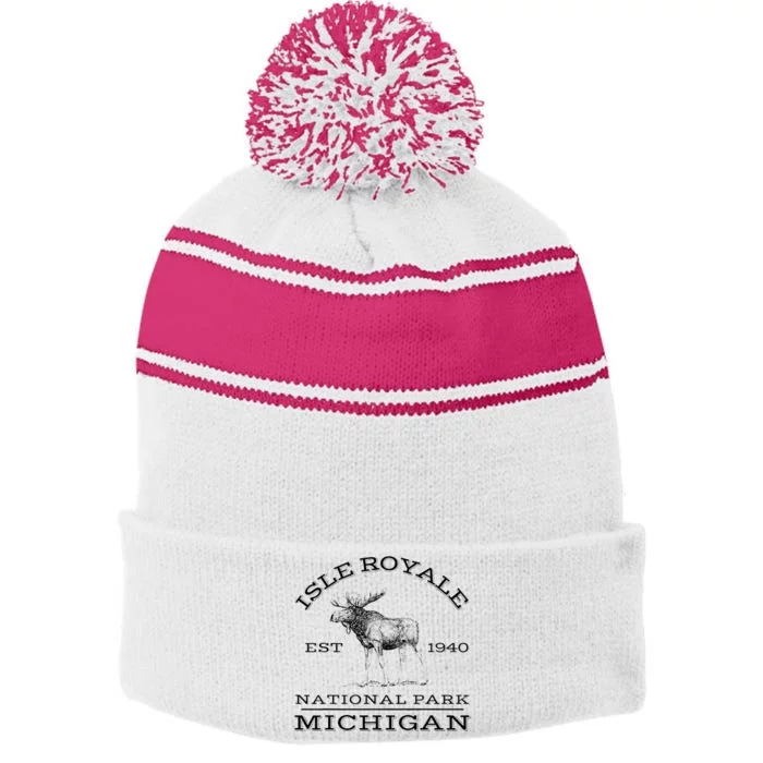 Isle Royale National Park Michigan Moose Hike Outdoors Stripe Pom Pom Beanie