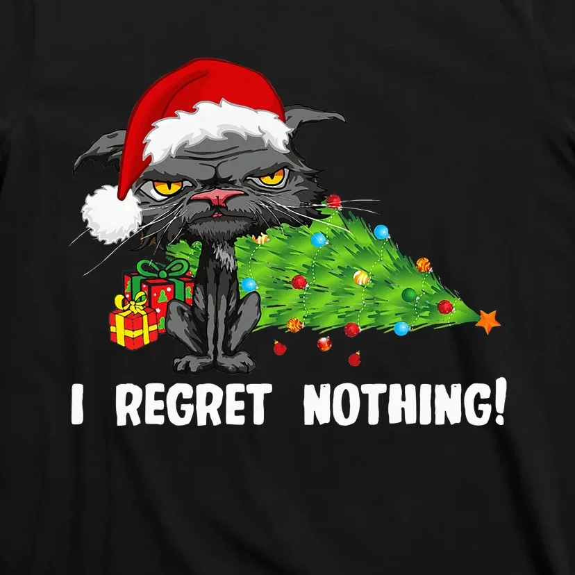 I Regret Nothing Funny Bored Cat Santa Hat Christmas Tree T-Shirt