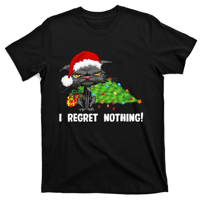 I Regret Nothing Funny Bored Cat Santa Hat Christmas Tree T-Shirt