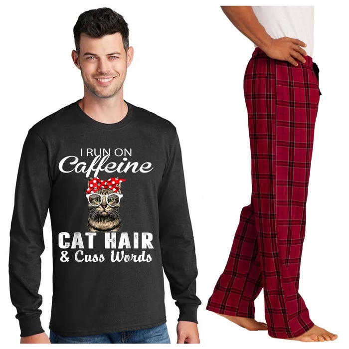 I Run On Caffeine Cat Hair And Cuss Words Cats Lover Long Sleeve Pajama Set