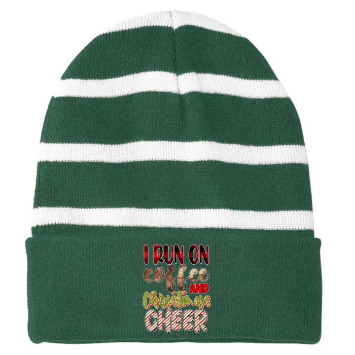 I Run On Coffee And Christmas Cheer Striped Beanie with Solid Band