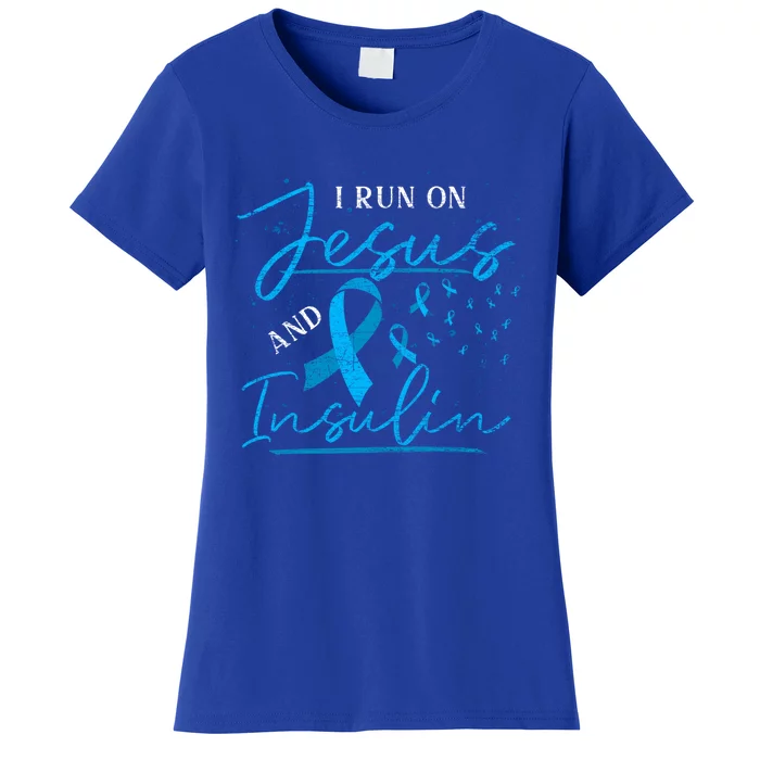 I Run On Jesus And Insulin Blue Ribbon Diabetes Awareness Great Gift Women's T-Shirt