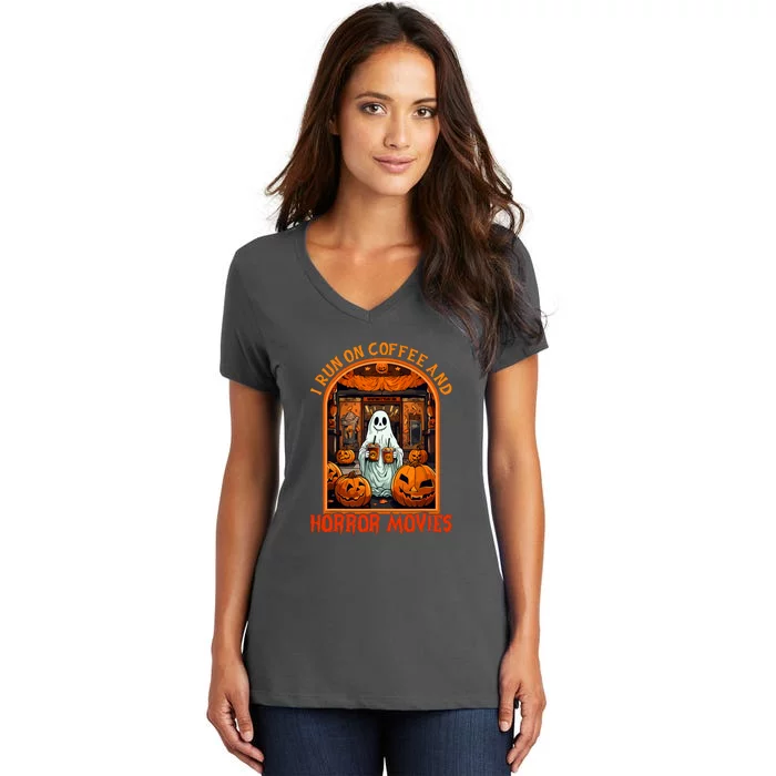 I Run On Coffee Horror Movies Ghost Spooky Season Funny Halloween Gift Women's V-Neck T-Shirt