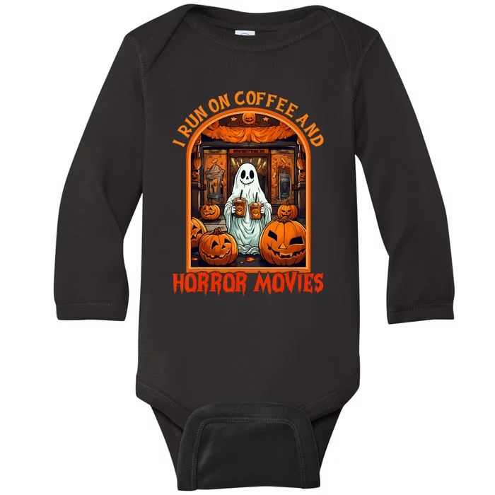 I Run On Coffee And Horror Movies Halloween Ghost Spooky Season Baby Long Sleeve Bodysuit