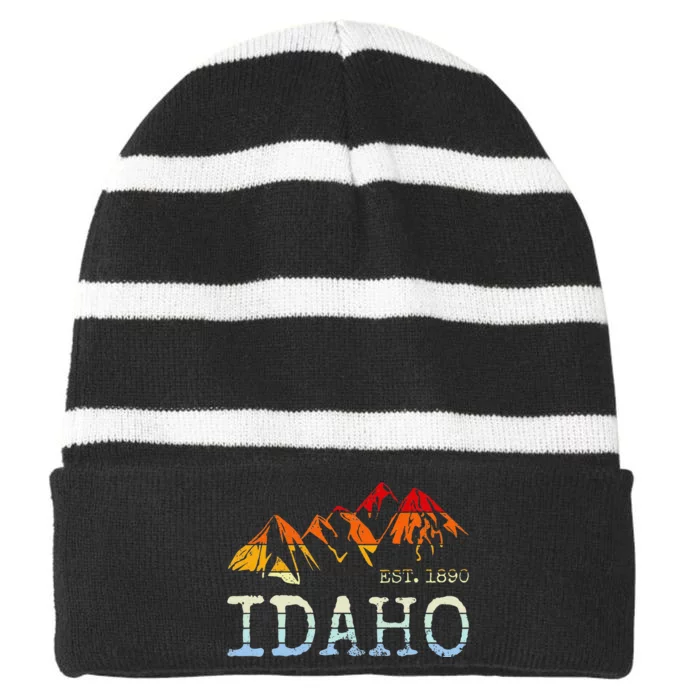 Idaho Retro Sunset Vintage Mountain Home Est 1890 Hiking Striped Beanie with Solid Band