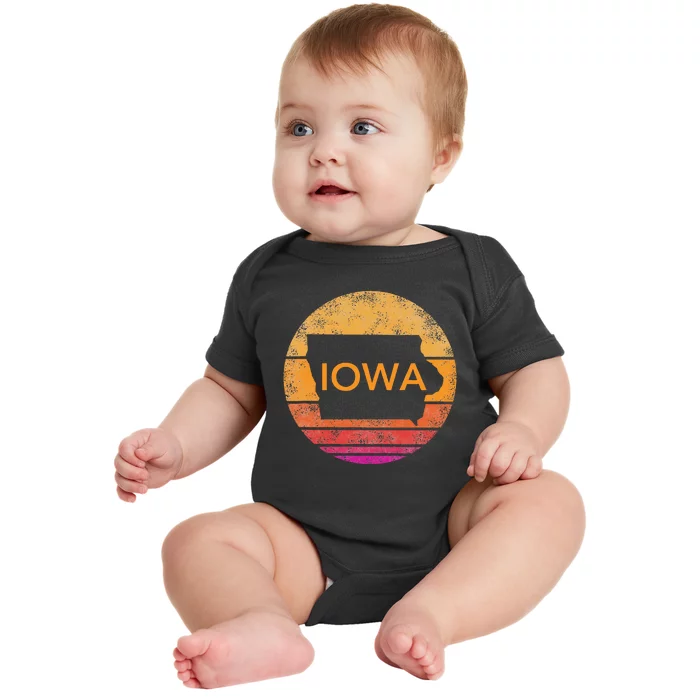 Iowa Retro Sunset  State Of Iowa Outline Baby Bodysuit