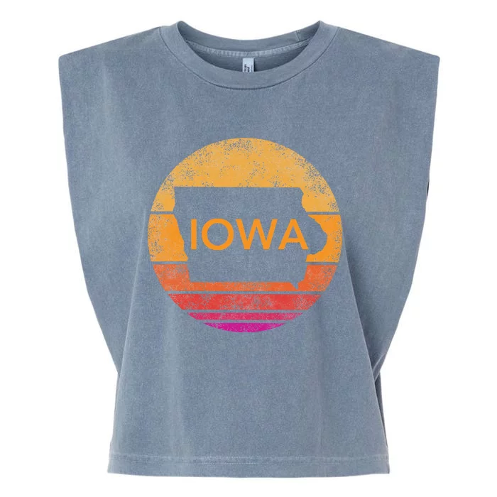 Iowa Retro Sunset  State Of Iowa Outline Garment-Dyed Women's Muscle Tee