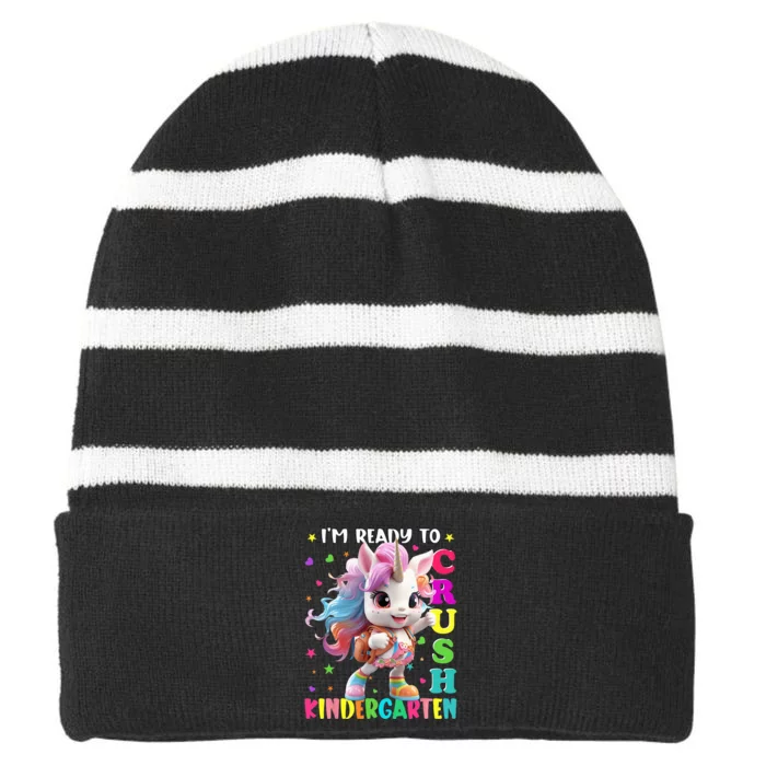 Im Ready To Crush Kindergarten Unicorn Back To School Striped Beanie with Solid Band