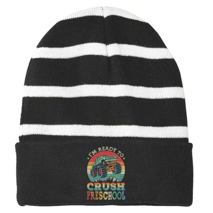 Im Ready To Crush PreSchool Monster Truck Kids Gift Striped Beanie with Solid Band