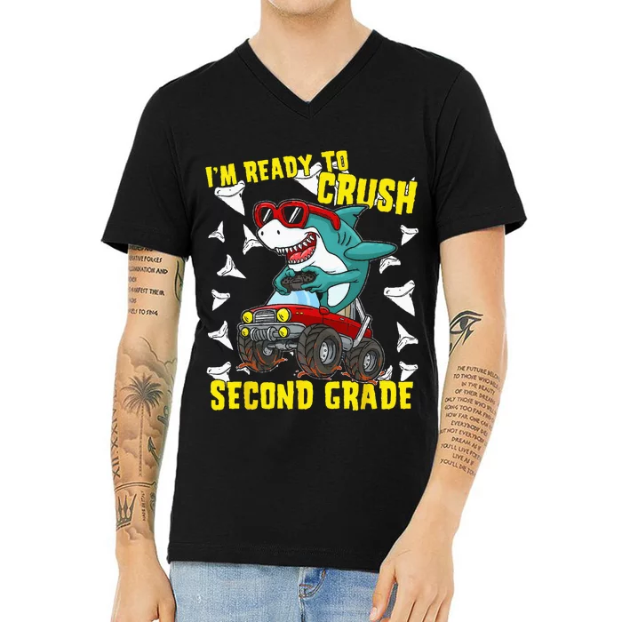 Im Ready To Crush Second Grade Shark Back To School V-Neck T-Shirt