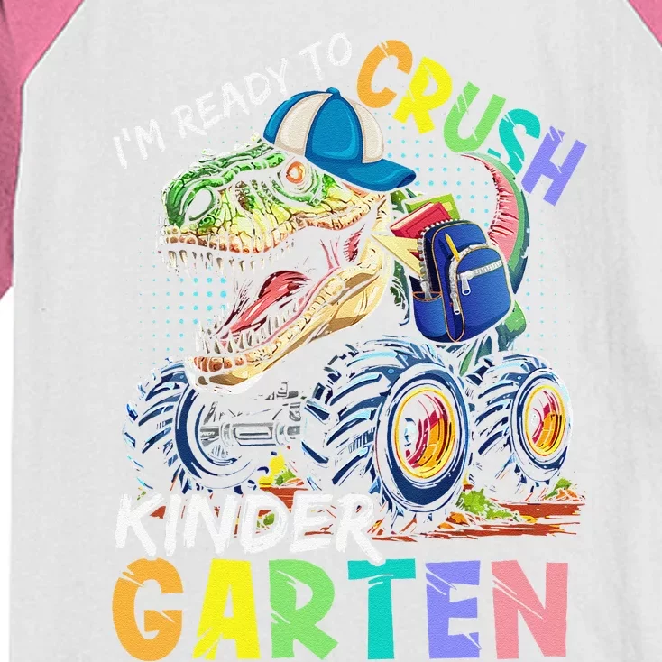 IM Ready To Crush Kindergarten Monster Truck Dinosaur Kids Colorblock Raglan Jersey