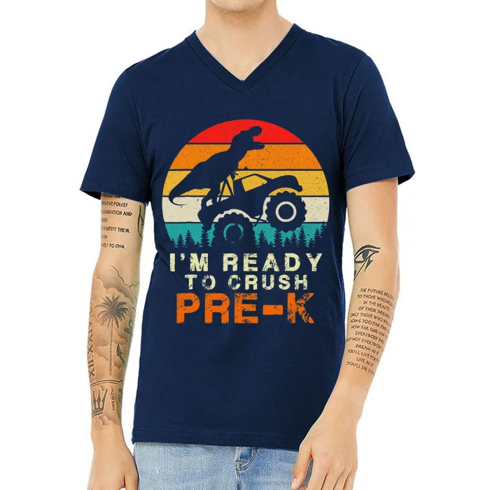 Im Ready To Crush Pre K Dino Monster Truck Back To School V-Neck T-Shirt